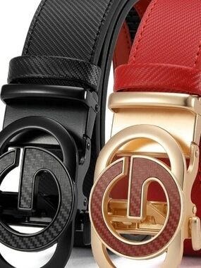 Mens Black and Red Leather Dress Belts with Gold and Black Buckles BRAND NEW 48W